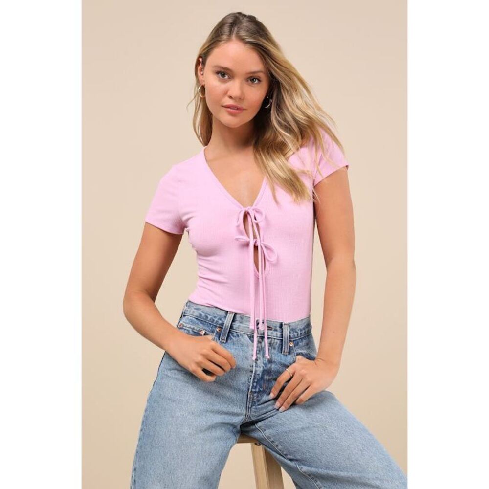 Lulus Lovely Ties Pink Ribbed Knit Tie-front Short Sleeve Bodysuit - Size S